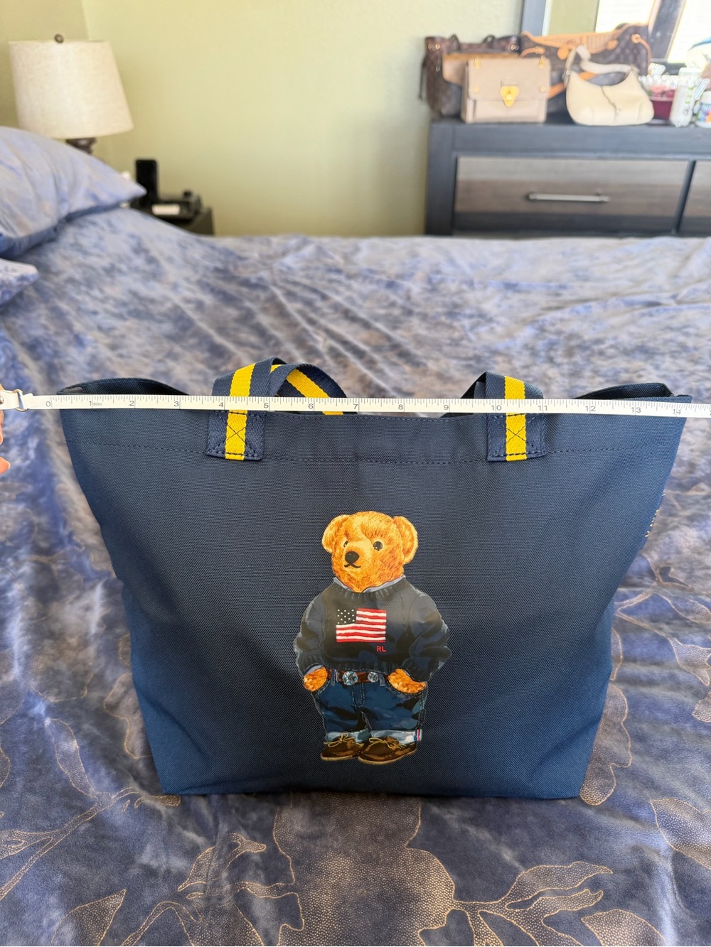 Polo by Ralph Lauren Navy Tote with Yellow-Striped Handles and Bear Graphic - Picture 4 of 16